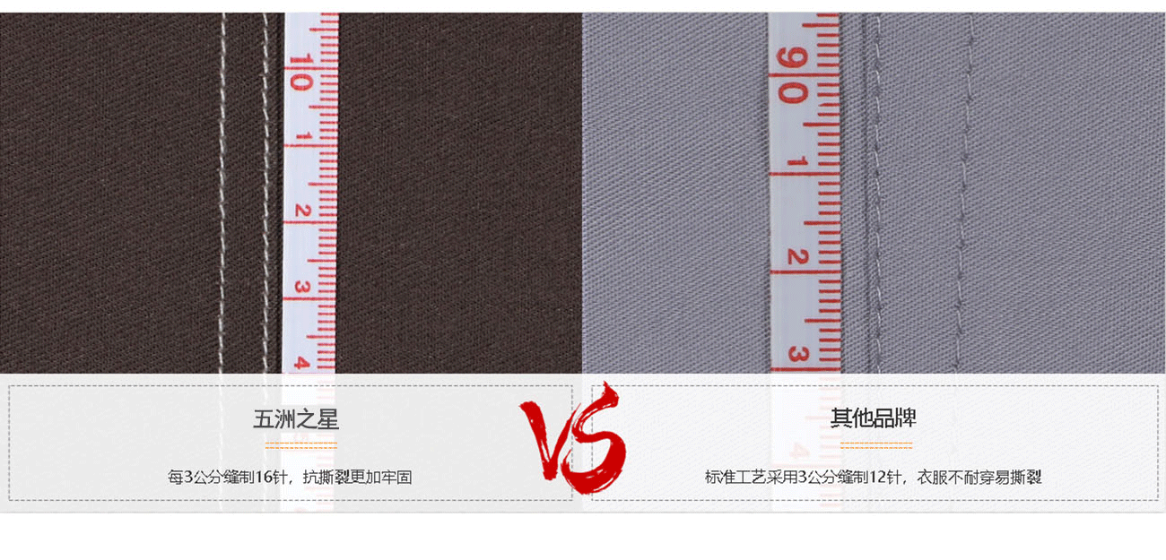 五洲之星纯棉帆布工作服套装3公分16针与其他品牌3公分12针细节对比