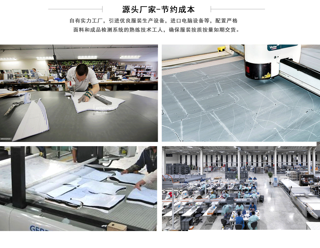 纯棉帆布工作服套装定制厂家电脑设备，机械自动化裁剪以及工人作业场景图