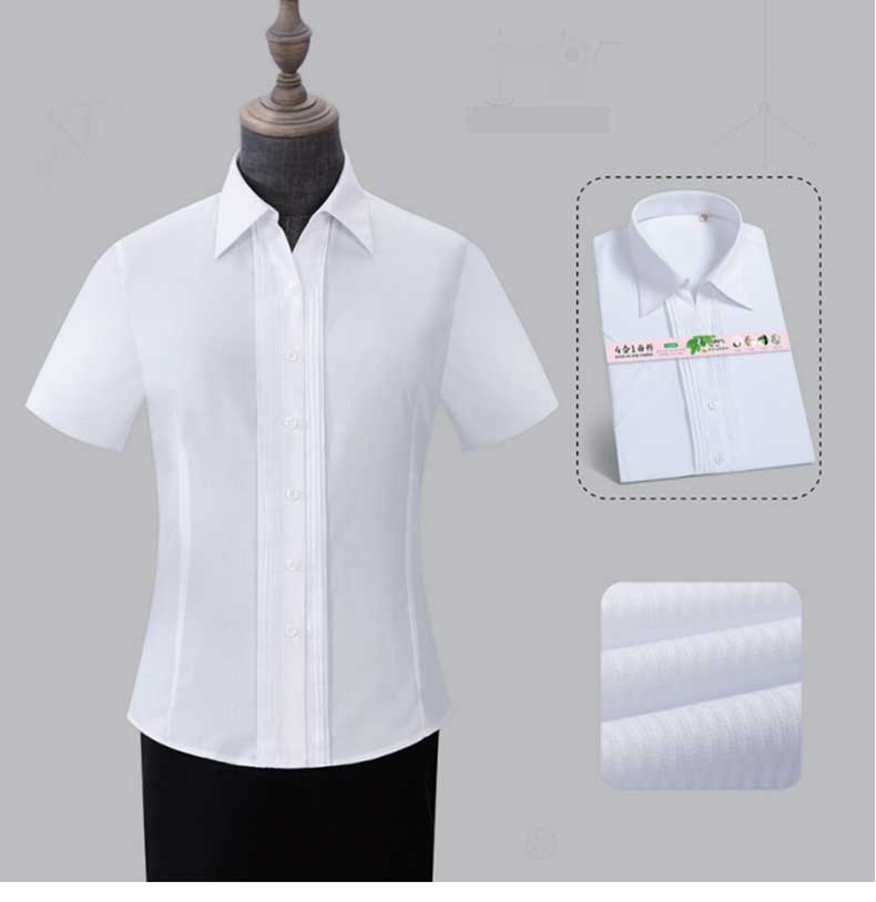 白色商务短袖女士衬衫款式图以及面料细节放大图