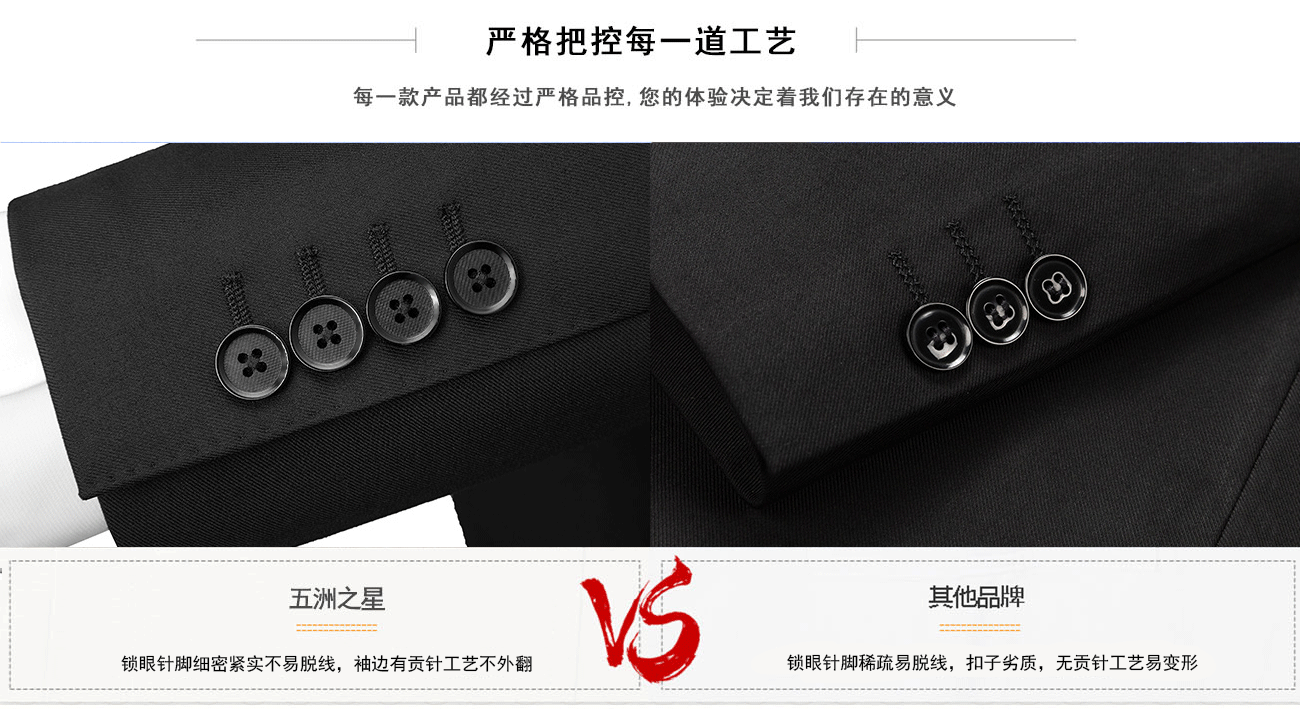 两粒扣藏蓝色西服套装定制反差：劣质工艺-锁眼针脚稀疏易脱线，扣子劣质，无贡针工艺易变形