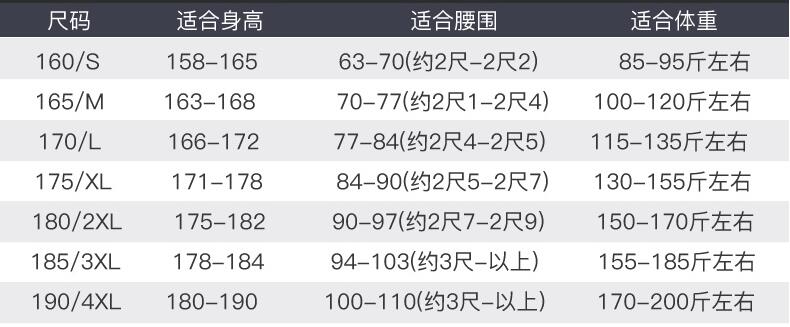 冬季棉服定制的尺码参考表